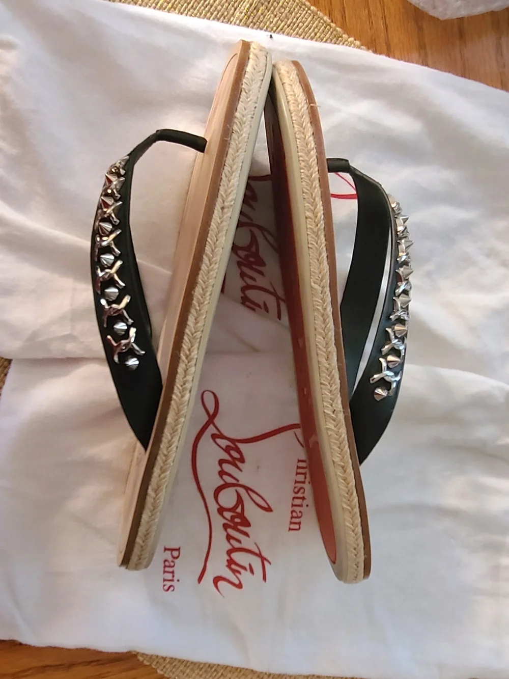 Christian Louboutin Black Embellished Leather Thong Sandals made In SPAIN.